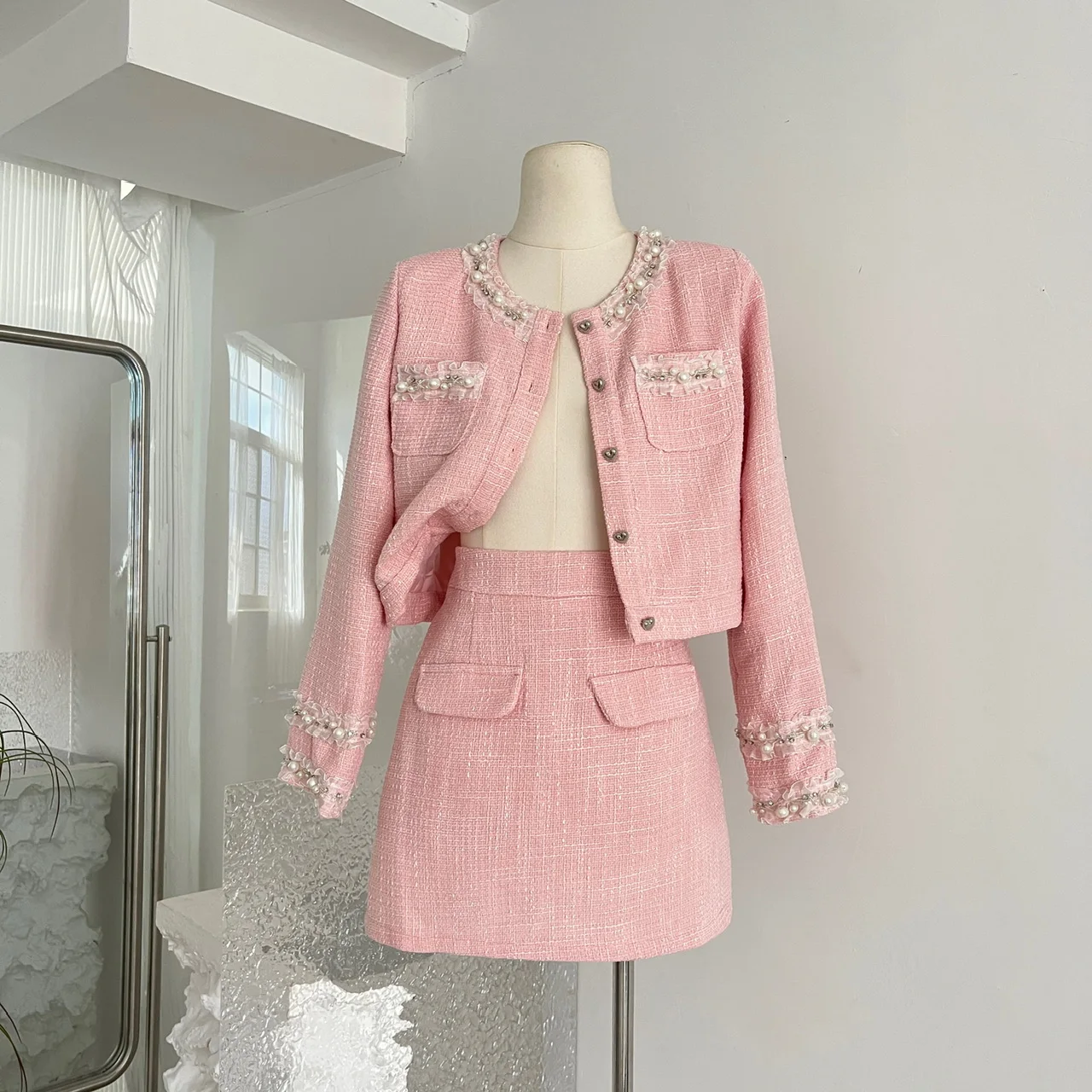 Women Tweed 2 Piece Set Fashion Vintage Single Breasted Loose Woolen Jacket Coat&Mini Skirt Suits Fall Winter Ladies Office Sets