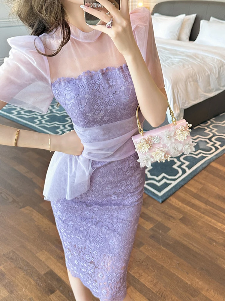 Robe de soirée en dentelle violette pour femme, manches bouffantes, mince, mi-longue, élégante, transparente, sexy, fête, Rh, vacances, mode, été