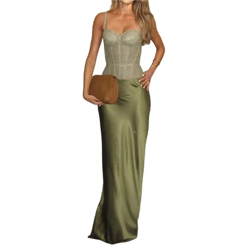 

Элегантный комплект из двух предметов: кружевной корсетный топ и шелковая макси-юбка для женщин