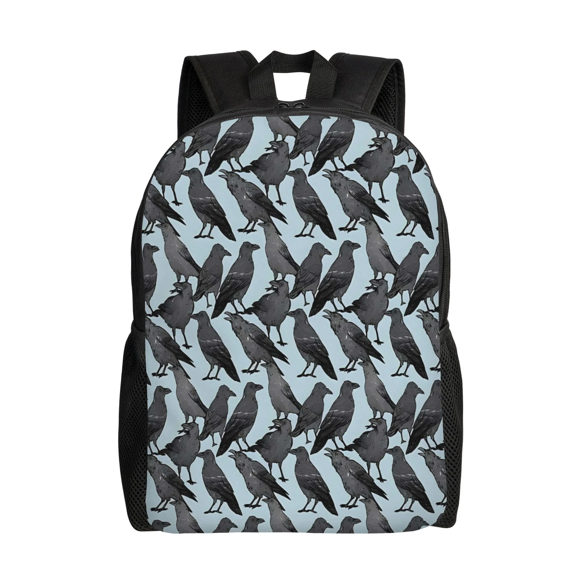 

Men's and Women's Gothic Raven Printed Backpack - Black and Blue Raven Design, Adjustable Comfortable Durable School