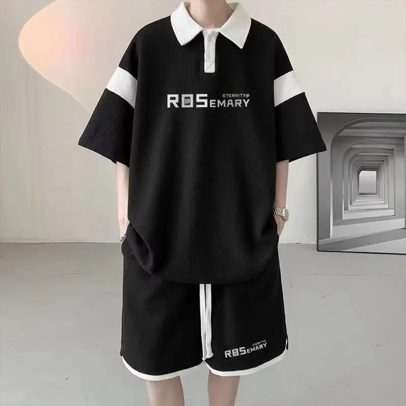 Summer Men Tracksuit High Quality Hip Hop Short Suit Japan Streetwear Printed Waffle Shirts Shorts 2 Piece Set Men Clothing 2024