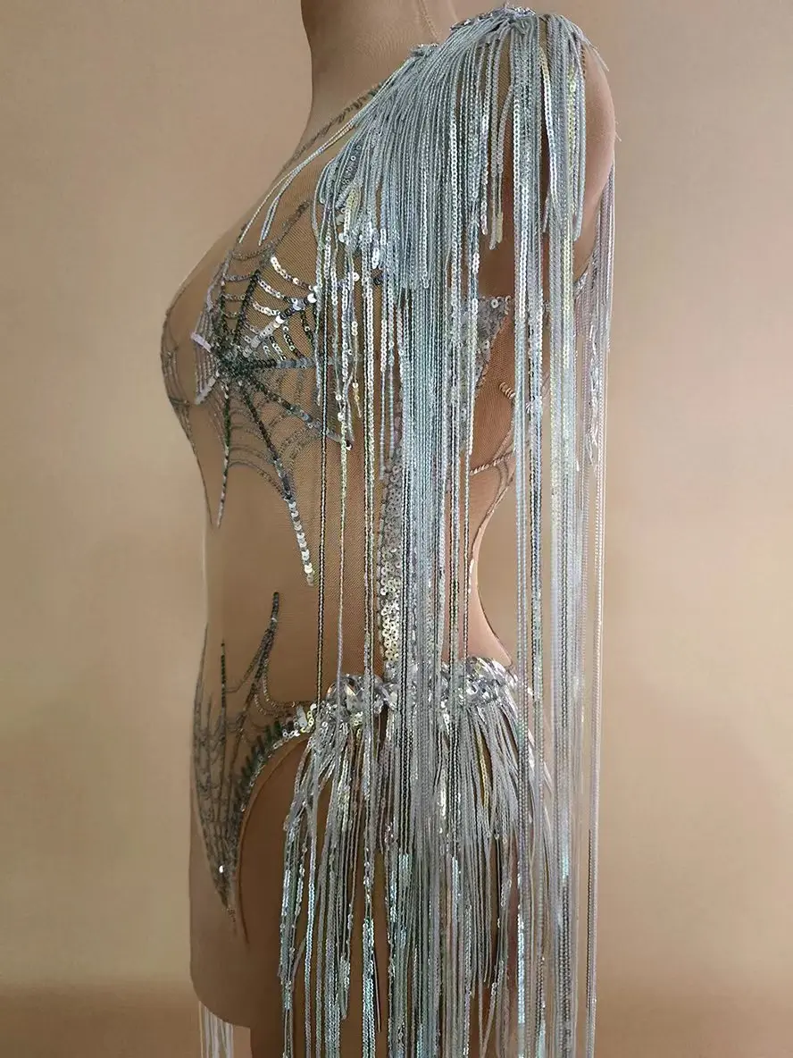 2025 Sequin Tassels Bodysuit Adult Women Jazz Dance Performance Clothing Stretch Jumpsuit Nightclub Gogo Dancer Costume yj335
