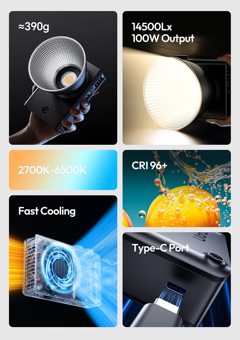 Ulanzi C01 100 W tragbare COB-Leuchte, 2700 K–6500 K, zweifarbig, leicht, für Kamera, Fotografie, Smartphone, Vlog, Livestreaming – Detail 2