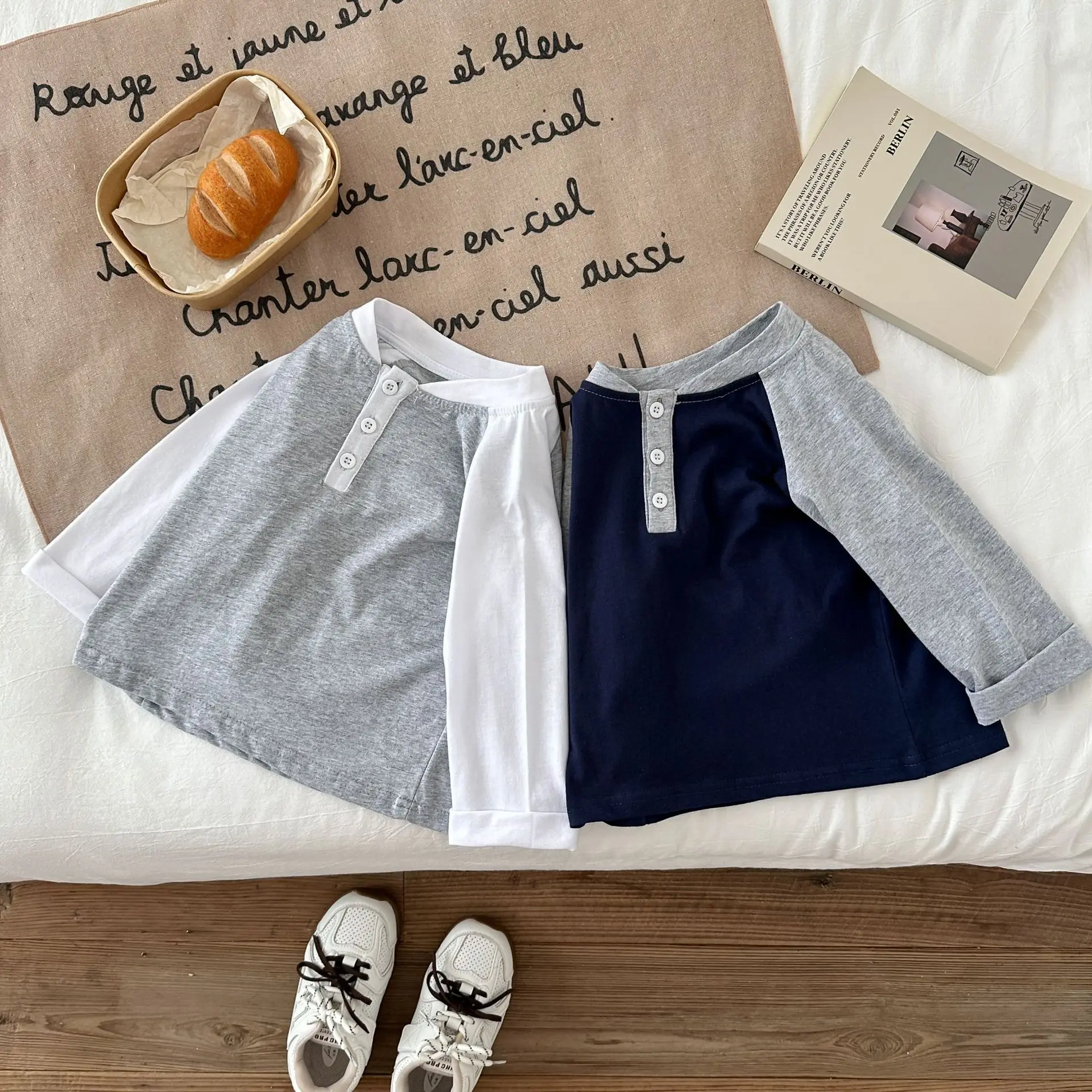 2-7Y Kids Cotton Color Block Long Sleeve T-Shirt Korean Boys Girls Henley Neck Button Casual Basic Tee Children's Undershirt Top