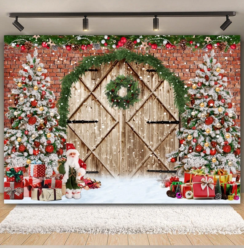 Christmas Backdrop Xmas Tree Gifts Snowflake Window Brick Wall Barn Door Winter Adults Baby Family Party Photography Background