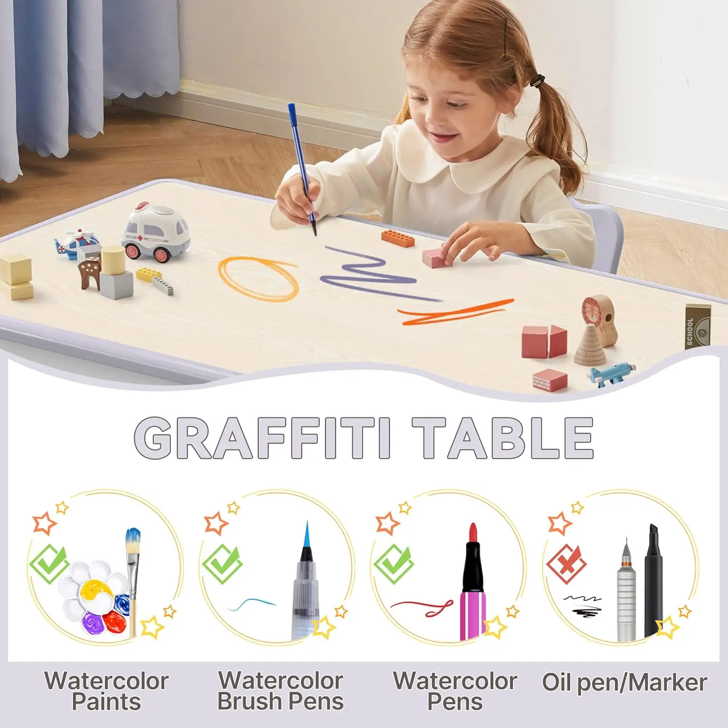 Study Table and Chairs Set, Height Adjustable Toddler Table and Chair Set for Kids Ages 3-8, 23.6" L x 23.6" W Graffiti Desktop