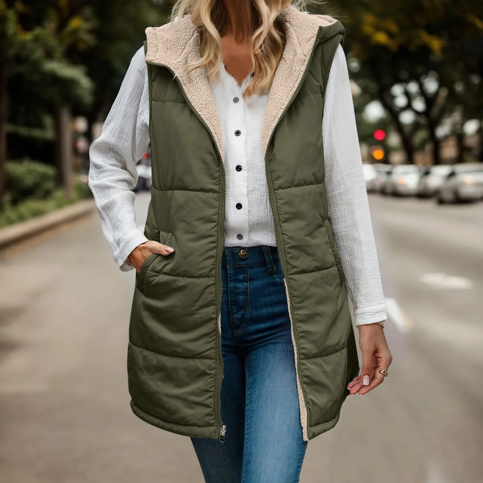 Autumn Winter Women's Fleece Vest Cotton Coat Hooded Solid Color Sleeveless Zipper Streetwear Reversible Mid-Length Jackets Tops