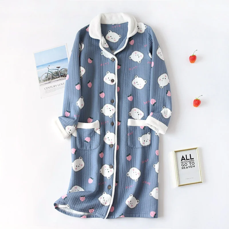 Three-Layer Thickened Warm Cardigan Mid-length Thickened Cotton Nightgown Autumn Winter Air Cotton Cartoon Home Wear