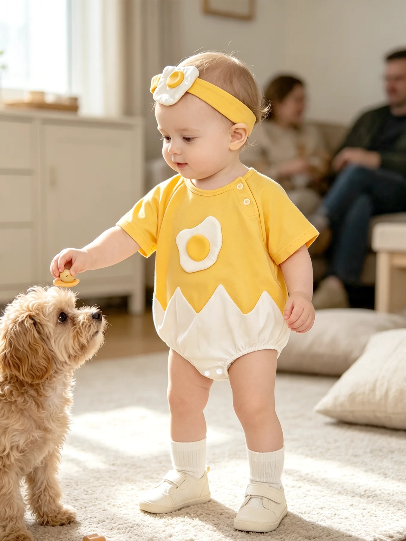 Baby-Strampler mit dreieckigem Schnitt und Fried-Egg-Motiv, passend dazu ein Haarband – ideal für Frühling/Sommer – für Babys von 0–12 Monaten – ein süßes Baby-Outfit für zu Hause. – Detail 7
