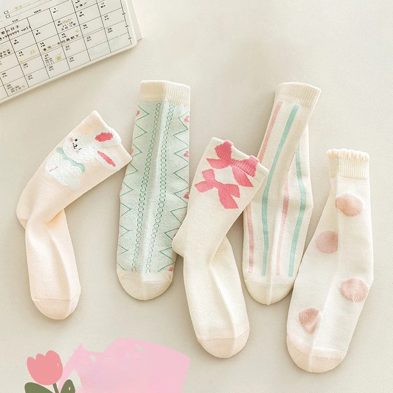 5 Pairs Children's Socks for Girls, Sweet Cute Cartoon Rabbit Girl's Casual Socks (Autumn & Spring)