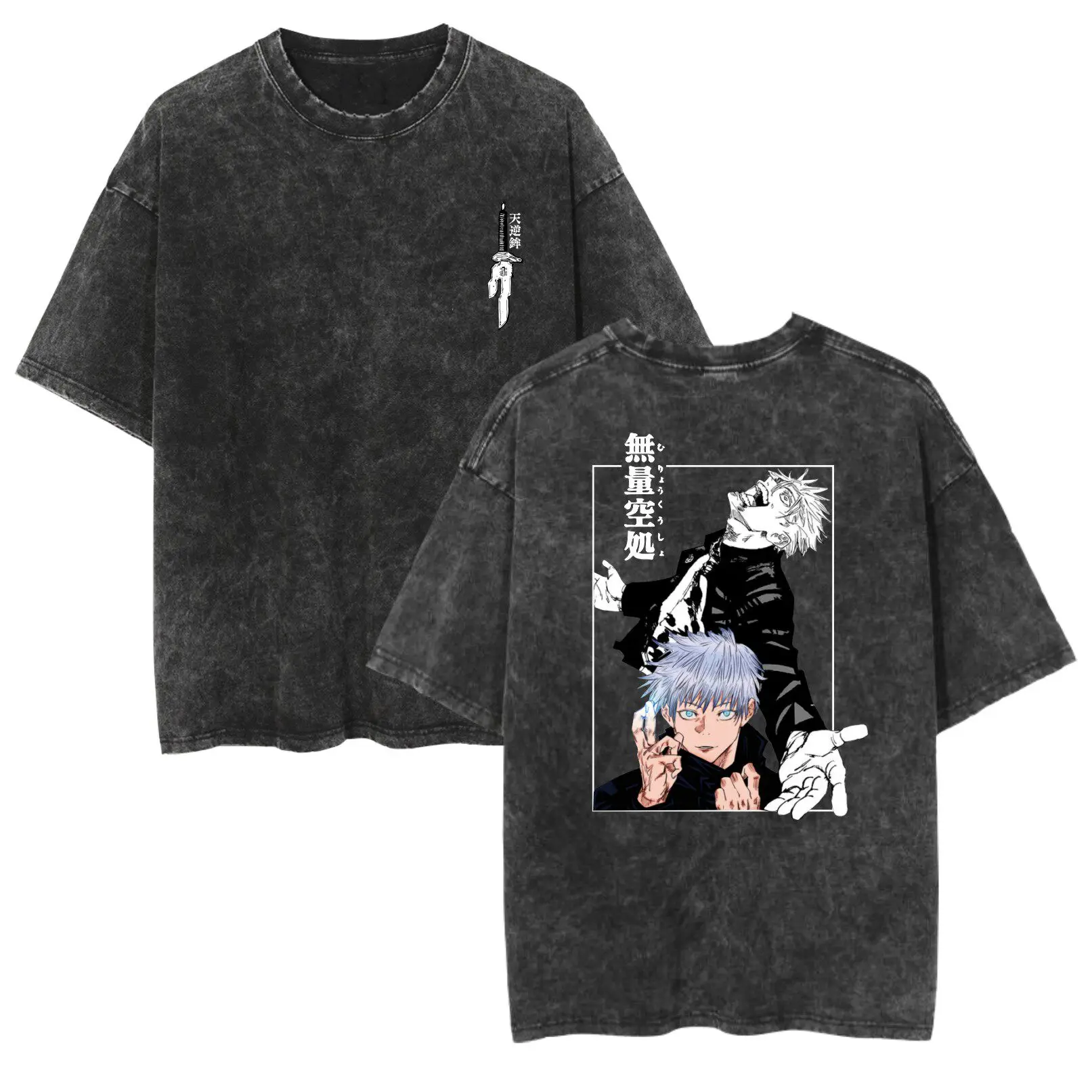 

Jujutsu Kaisen 2026 Summer Vintage Washed Cotton T Shirt Oversized Streetwear Style Featuring Satoru Gojo in A Layered Manga