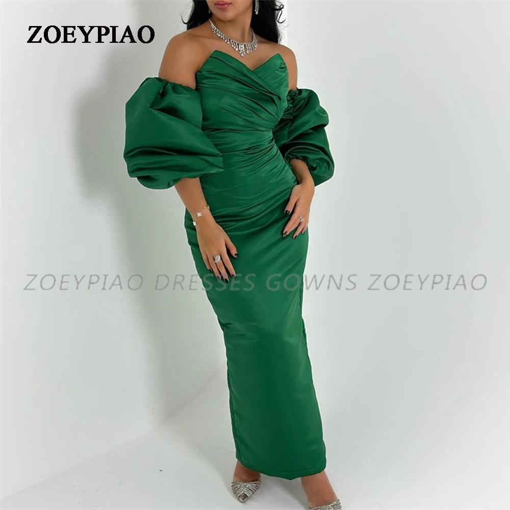 

Charming Green Short Prom Dress Gown Satin Short Sleeves Formal Gown Ankle Length Evening Gown Sweetheart vestidos de noche