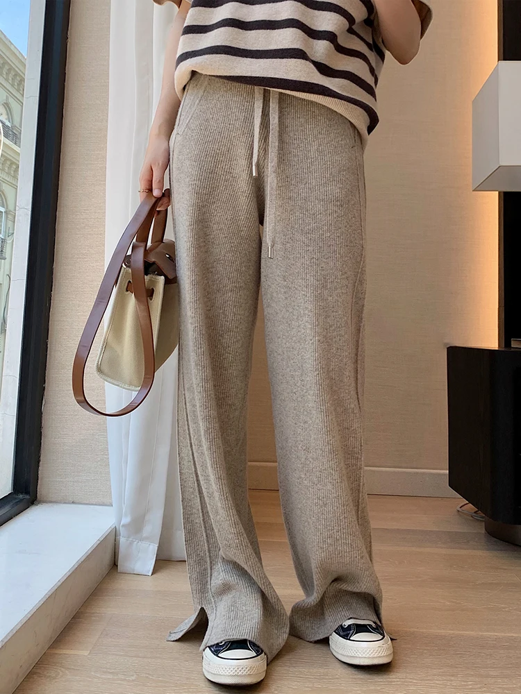 

Women's imitation cashmere straight leg pants 2023 autumn winter woolen pants lazy style loose split knit glutinous rice pants