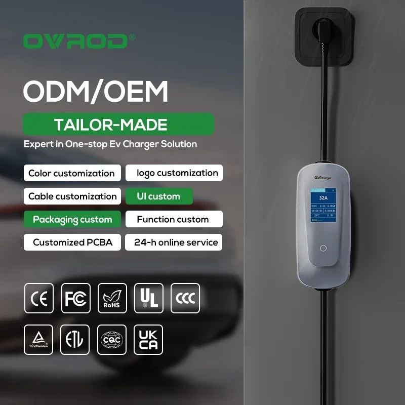 Ovrod Uk شحن ذكي Byd 22kw المستوى 2 1 المرحلة 32a سريع التيار المتناوب نوع 2 سيارة 7kw محطة المحمولة Ev شاحن