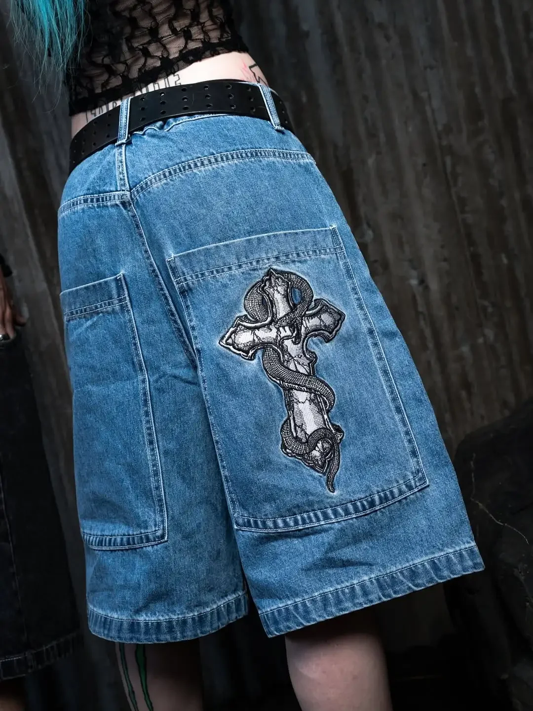 Pantalones cortos vaqueros con bolsillos grandes azules Harajuku, pantalones vaqueros Vintage gótico callejero Hip Hop, moda Punk de gran tamaño, pantalones de pierna ancha de cintura alta Unisex