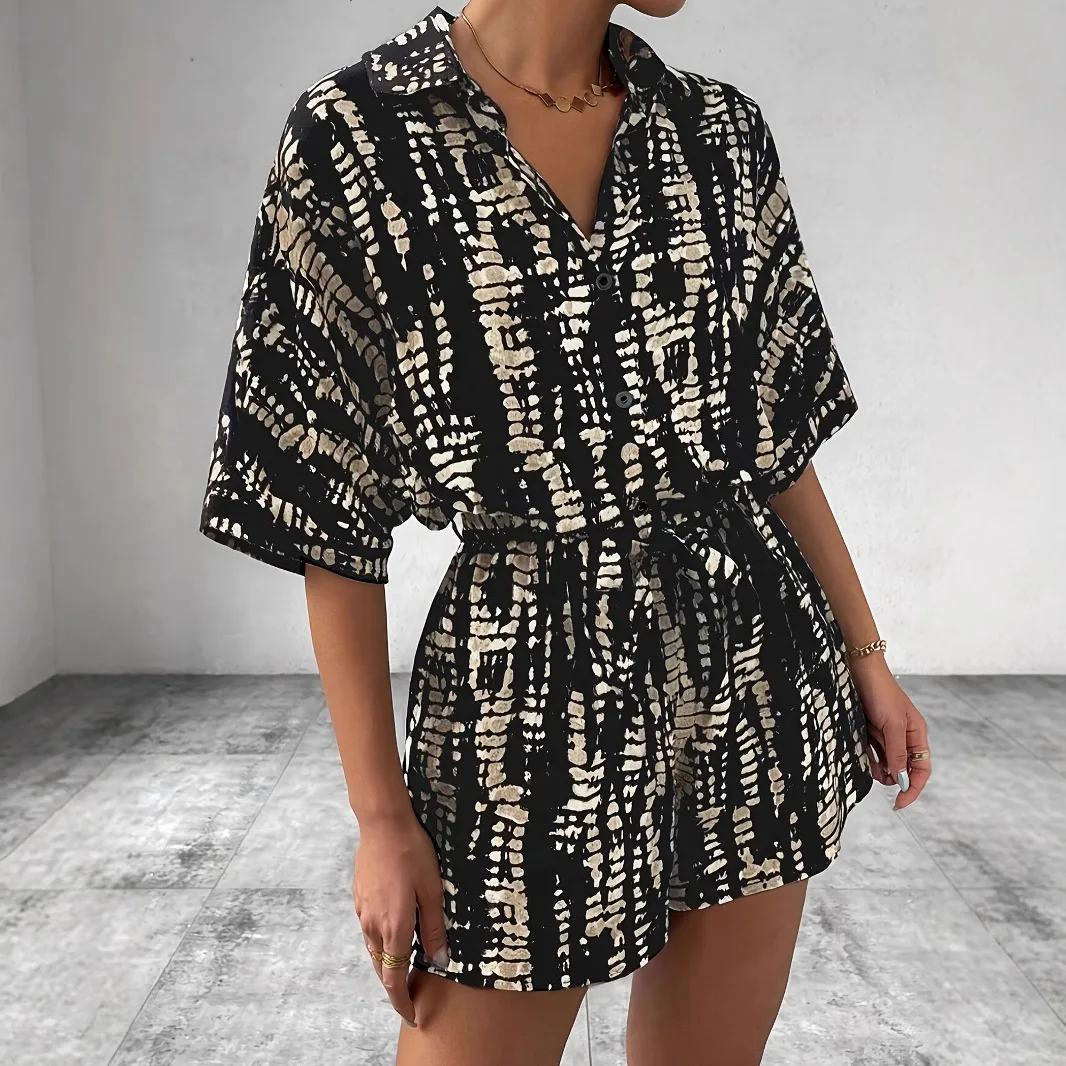 

Women's New Printed Summer Tie Jumpsuit Casual Button Bat Shorts Loose Jumpsuit Women