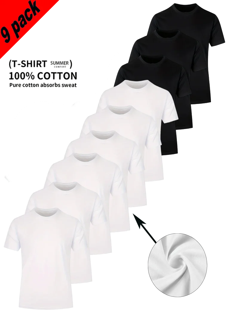 

Round Neck T-Shirt 9-Piece White and Black Ultra-Light Men's Quick-Dry Soft Comfort Layering Sport Shirt Suitable for Fitness Gy