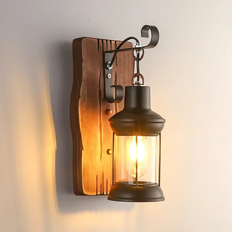 

Винтажный деревянный настенный светильник E27, промышленный ресторан, гостиная, креативный коридор, коридор, фон, настенная декоративная лампа