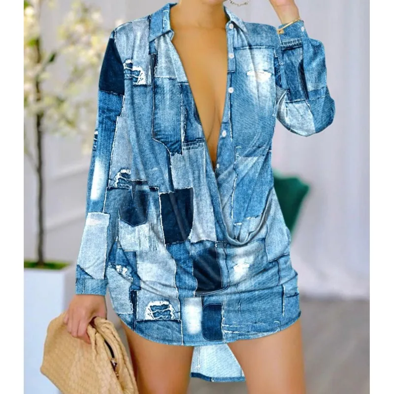 New Sexy V-neck Button Patchwork Shirt Dress For Women\'s Spring/summer Fashionable Printed Long Sleeved Mini Dress Ropa De Mujer