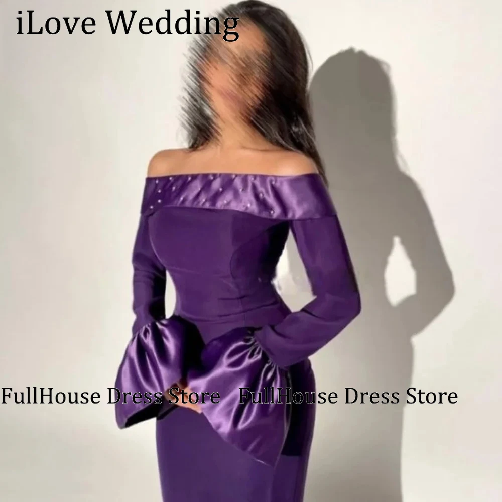 

Purple Party Gown Off Shoulder Beading Prom Dress Full Sleeve Sheath Wedding Evening Dress Corset Back robes de soirée Customize