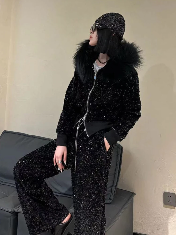 2024 Winter Fashion Sequin Two Piece Set Warm Women Big Fur Collar Hooded Parka High Waist Wide Leg Pants Vintage Outfit