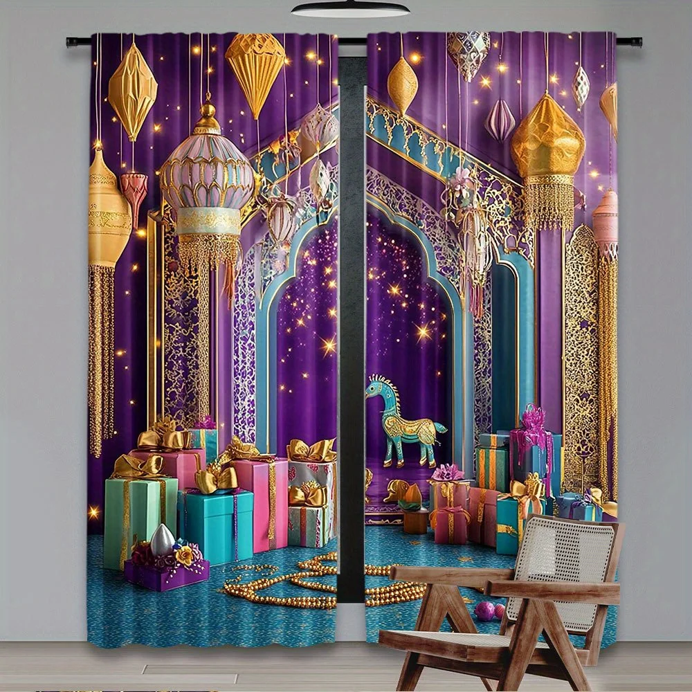 Luxury Royal Moroccan Arabian Purple Gold Fantasy Curtain Window Dressing Islamic Palace Style Curtains for Bedroom Home Decor