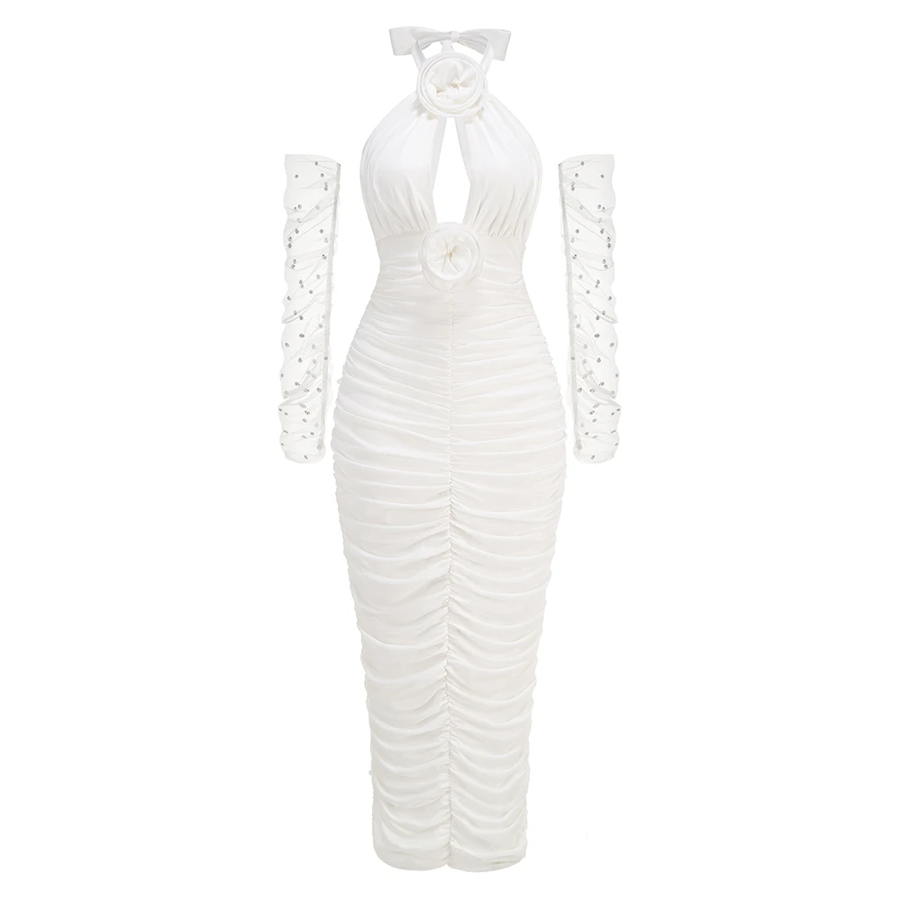 Novo sexy corte flor plissado bodycon vestido longo, feminino luxo branco halter vestido com luvas, cocktail elegante vestido de aniversário