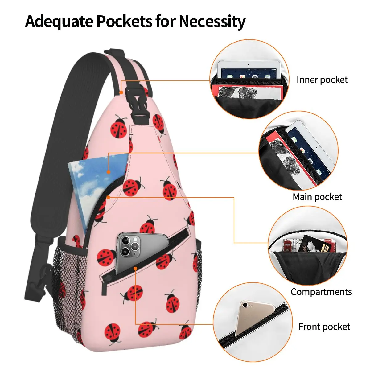 Cute Ladybug Pattern On Pink Background Chest Bag Men Sling Crossbody Backpack Chest Bag Traveling Hiking Daypack Shoulder Bag