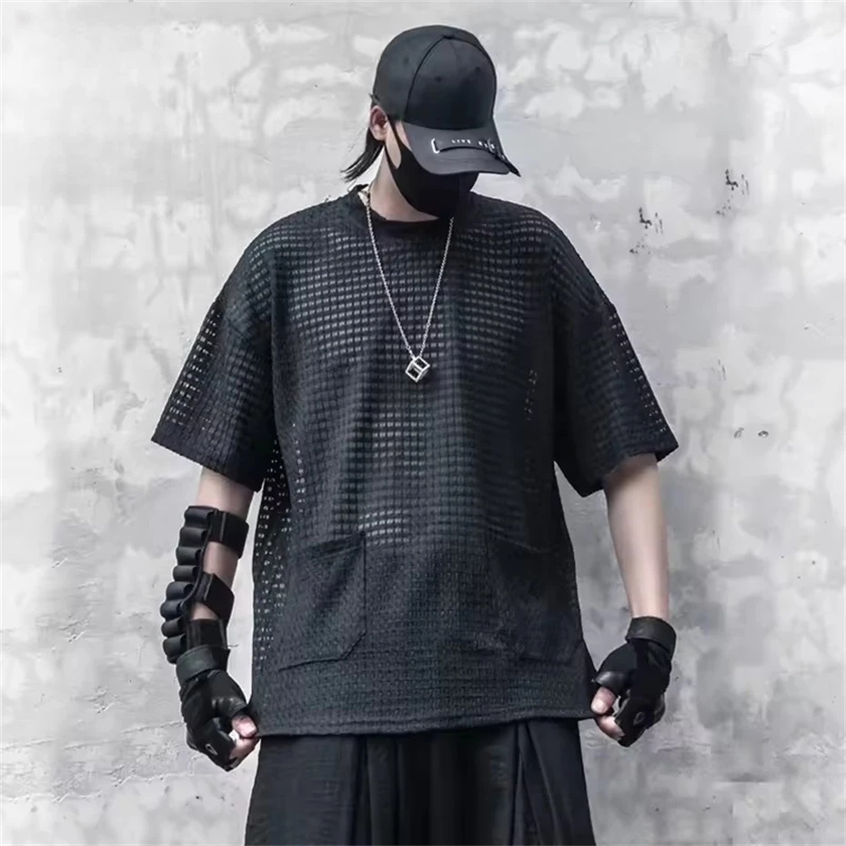 Techwear Black T-Shirt Men 2025 Summer Mesh Hollowed Out T-shirt Short Sleeve Tshirts Hip Hop Streetwear Cotton Tops Tees