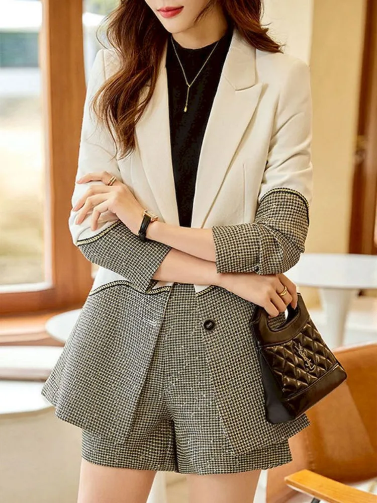 UCXQ Temperament Plaid Blazer Shorts Set For Women Office Lady Notched Suits Jacket Two Pieces Sets 2024 Autumn New Tide 23A4438