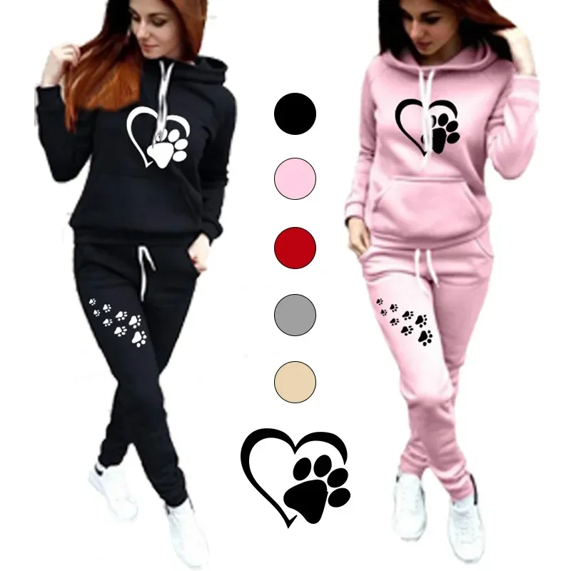 Hot Cute Print Hoodie Set Spring Autumn Women's Tracksuit Hooded Sweatshirt + Sweatpants 2 Piece Set Female Sports Suit