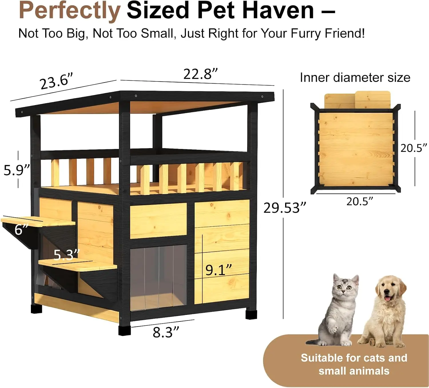 Outdoor Cat House Weatherproof, Outside Two Story Feral Cat Shelter with Escape Door, Scratching Mat, Pull-Out Bottom, Playful Cat Condo for Small & Medium Pets, Black and Earthy Yellow view 2