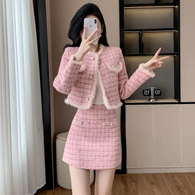 

High Quality Winter Small Fragrance Vintage Tweed Single Breasted Blazer Female Short Jacket Mini Skirt Chic Suit Ladies Outfits