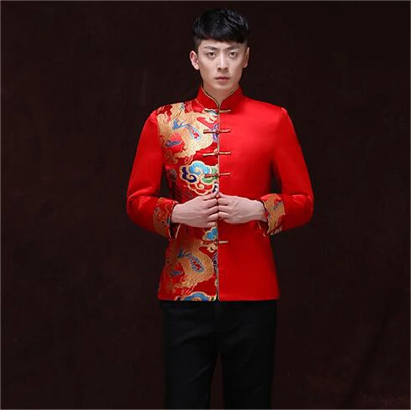 Tang Suit Red Traditional Chinese Clothing Men Hanfu Embroidery Top Dragon Print Vintage Satin Kungfu New Year Party Etiquette