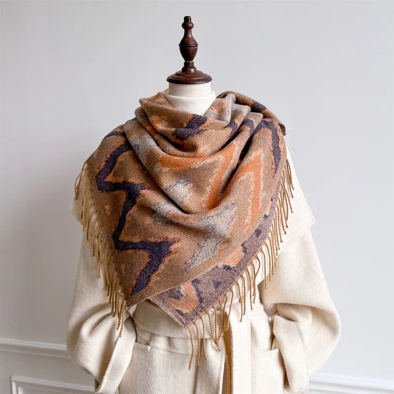

Bohemian geometric fringe acrylic shawl, Qinghai Nepal travel photography scarf, versatile wrap shawl