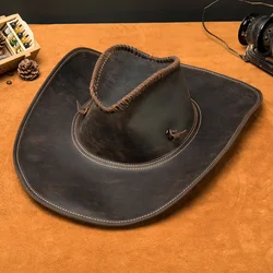 Australian Style Vintage Crazy Horse Genuine Leather Hat Wide Brim Western Cowboy Hats Men Sun Visor Cap Women Travel 3011