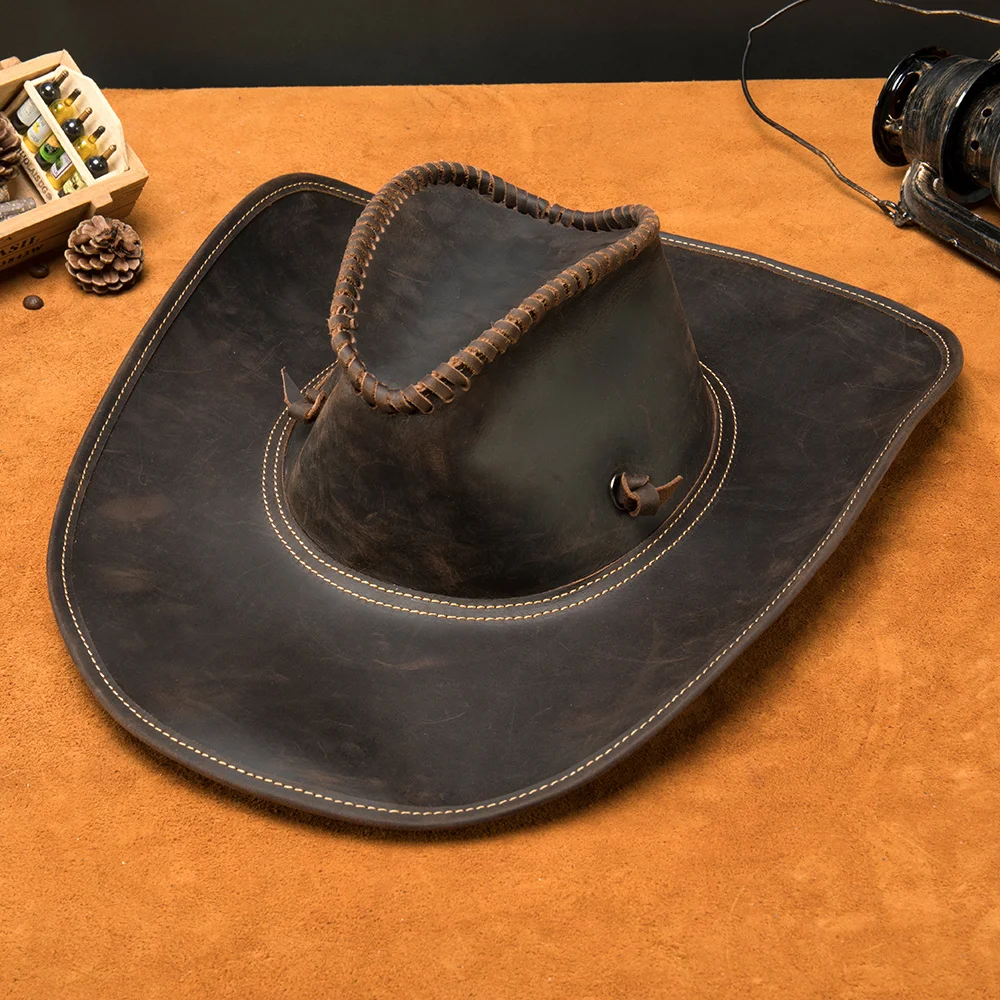 Australian Style Vintage Crazy Horse Genuine Leather Hat Wide Brim Western Cowboy Hats Men Sun Visor Cap Women Travel 3011