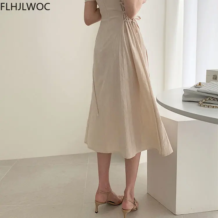 Cotton Linen Long Dress Summer Slim Waist A Line Temperament Lady Retro Vintage Cute Korean Chic Women Dresses Vestidos