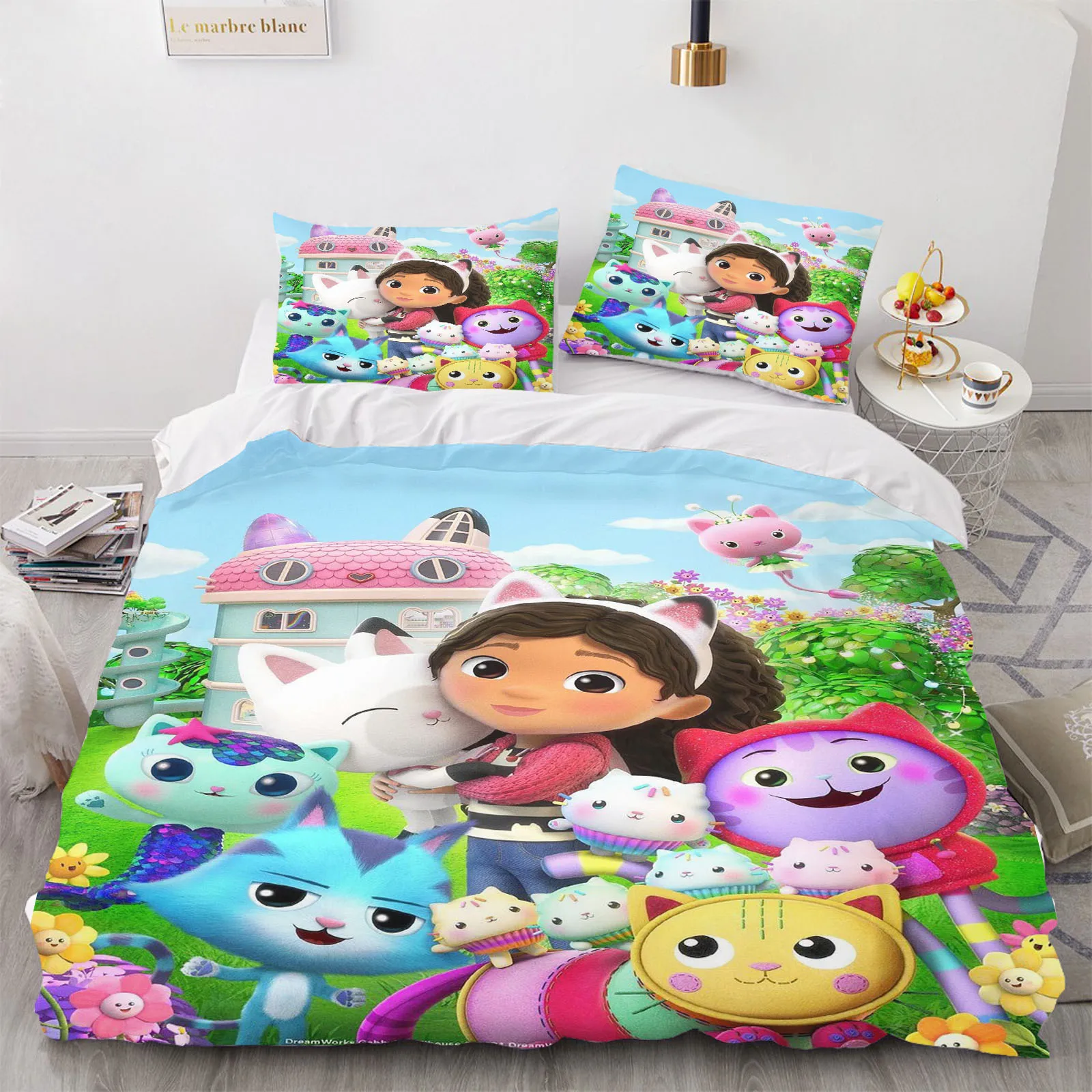 Gabby Dollhous imprimé Polyester enfants 3D enfants King Size literie housse de couette ensemble mignon imprimé dessin animé housse de couette maison