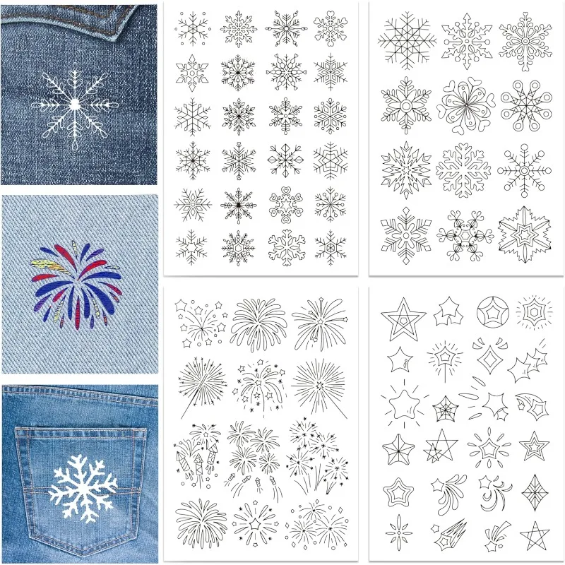 4 Sheets Snowflakes and Fireworks Water Soluble Stabilizer Hand Sewing Stabilizers with Pre Printed Stick and Stitch Self