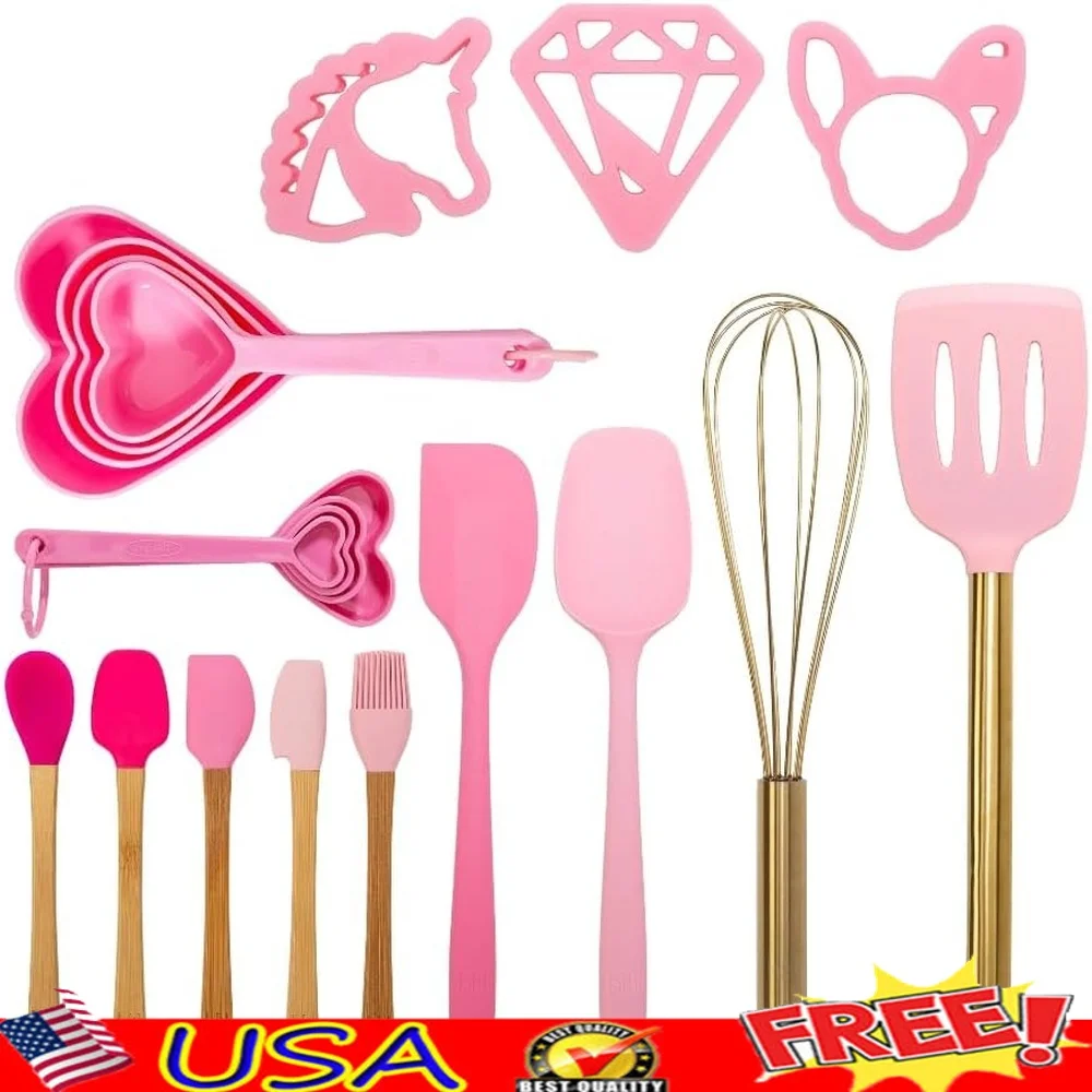 

20 Pieces Pink Silicone Kitchen Utensil Set Heat Resistant Spatulas Measuring Cups Whisk Cookie Cutters Non-Stick Durable