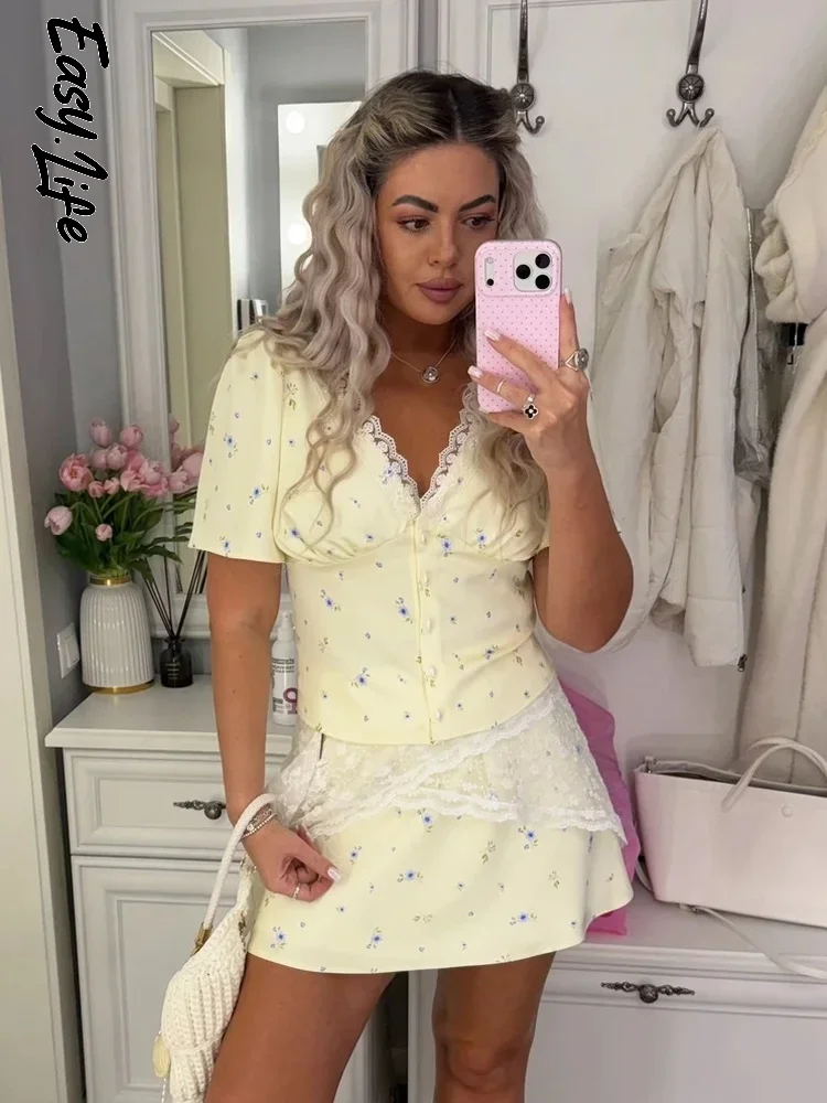ชุดกระโปรงลายดอกไม้สองชิ้น คอว - Elastic Lace Trim บทวิจารณ์และราคา