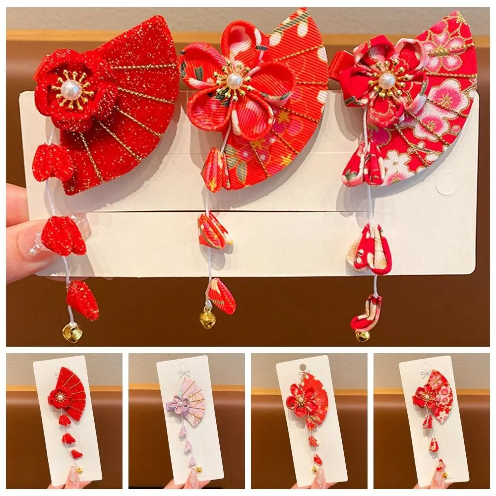 Tassel Children Red Sakura Hairpin Cloth Flower Chinese New Year Headwear Girl Hair Accessories Ancient Headwear