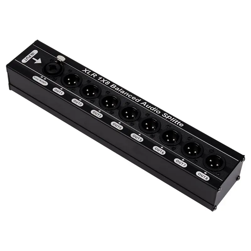 DTB7 2X XLR 1x8 Balanced Audio Splitter, 1 in 8 Out 3 Pin XLR Audio Signal Splitter Box, Compact Aluminum Alloy for Stage