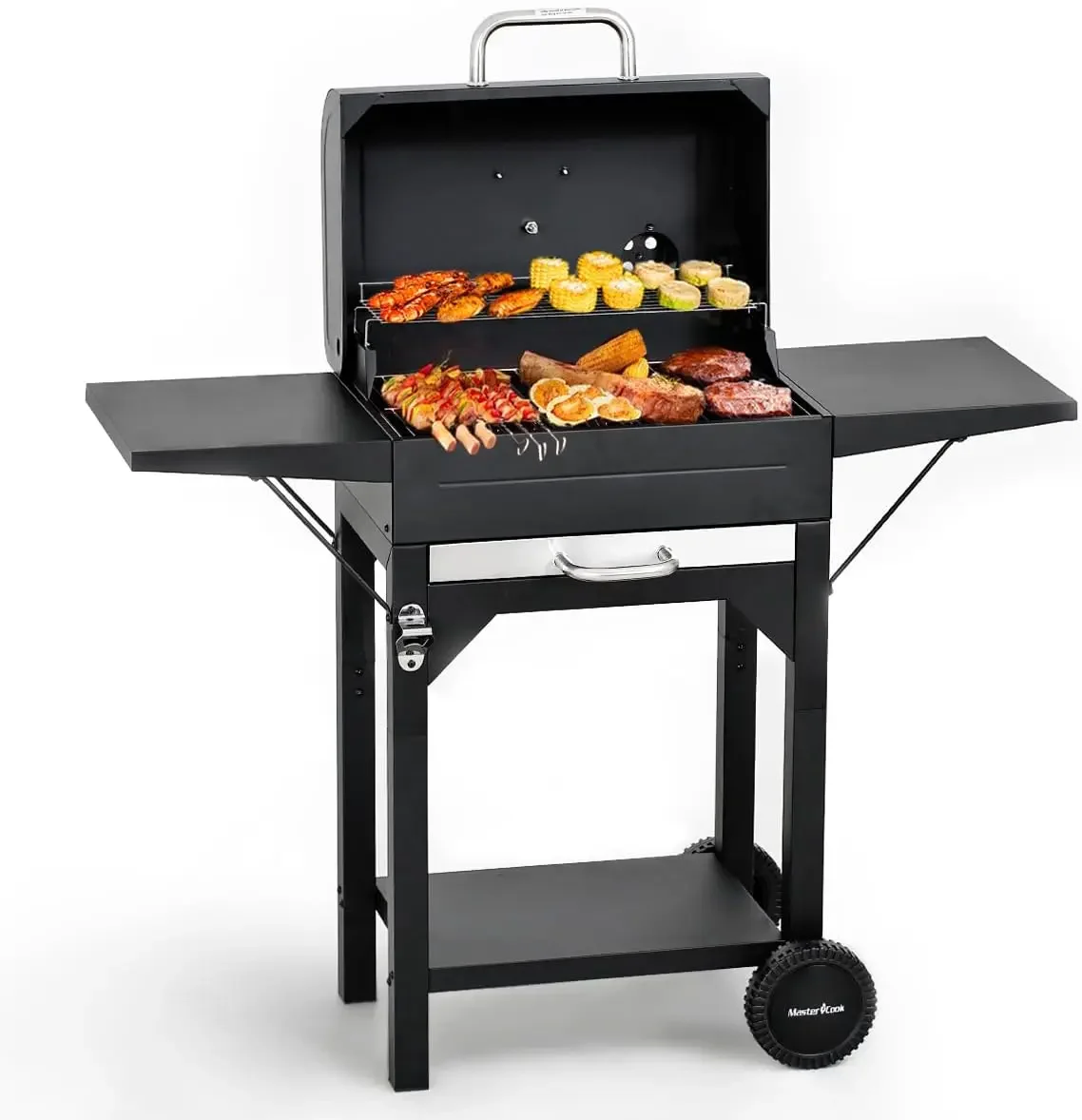 

MASTER COOK Charcoal Grill with Two Side Tables Heavy-duty Steel Barbecue BBQ Grill Outdoor Picnic Backyard Patio Parties