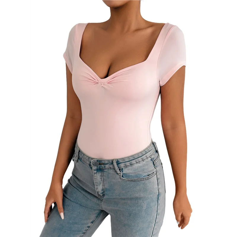 

Женское боди с коротким рукавом и вырезом в форме сердца, приталенный модный боди, базовый комбинезон, рубашки-A55G