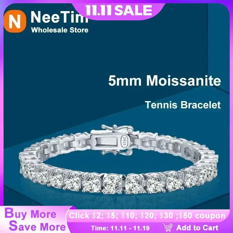

NeeTim 3 мм 4 мм 5 мм Теннисный браслет из муассанита с бриллиантами из стерлингового серебра 925 пробы с позолоченными браслетами для женщин и мужчин