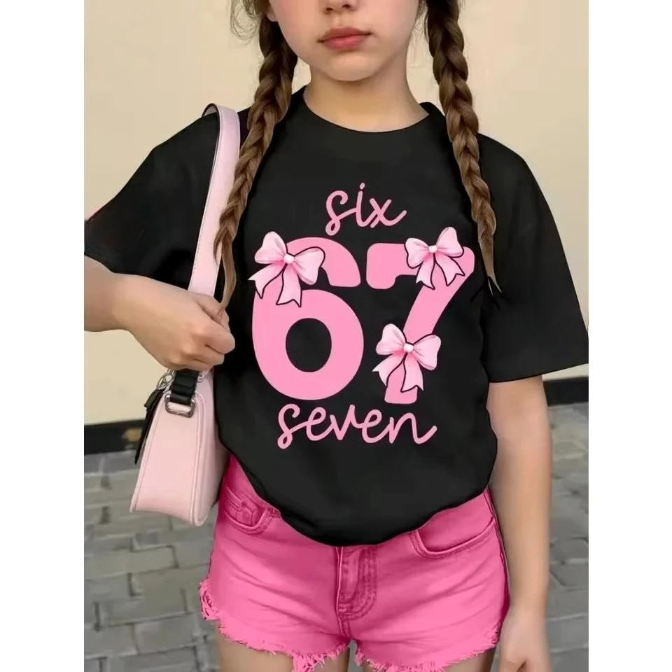 

Летняя детская футболка с короткими рукавами для девочек, 67 стильных удобных футболок с круглым вырезом, милый детский подарок на день рождения, розовые топы