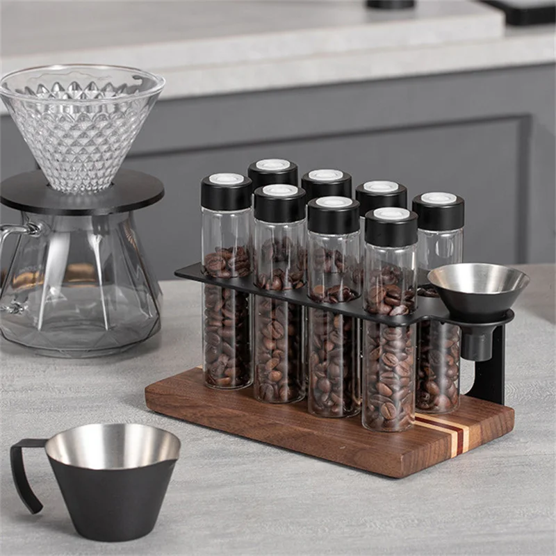 Coffee Beans Storage Container Display Rack with Exhaust Valve Single Dose Glass Coffee Beans Tube and Funnel Barista Coffeeware