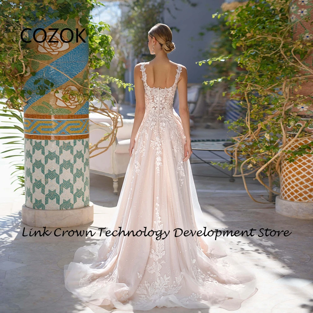 Spaghetti Straps Square Collar Wedding Dresses with Lace Champagne Bridal Gowns for Women 2026 Summer Vestidos De Novia